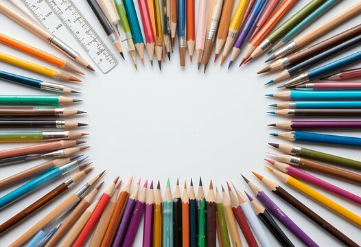 Array of colored pencils and art supplies arranged in a circular pattern on white background - Powered by Adobe