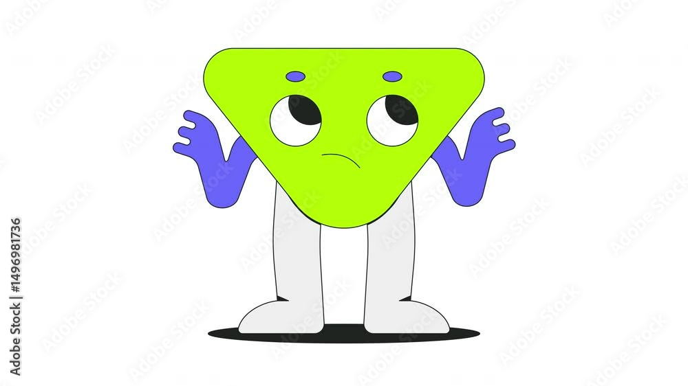 Poster confused groovy triangle character shrugging 2d onboarding ui animation. retro 70s triangular person