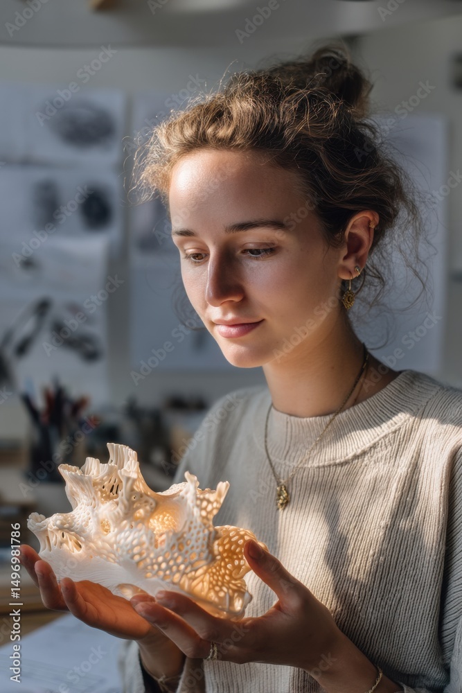 Poster woman examining intricate 3d printed sculpture in studio light, showcasing innovation and technologi