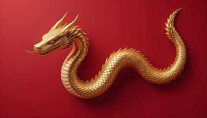 Obraz premium Elegant Golden Oriental Dragon Snake – 3D Render on Clean Red Background for Chinese Lunar New Year