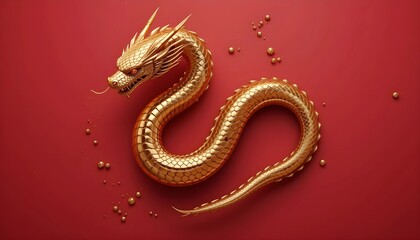 Fototapeta premium a golden oriental dragon snake with shiny metallic scales, elegant and curved body pose, 3D rendering, top view composition, minimalistic red background, luxurious and artistic look, soft shadow