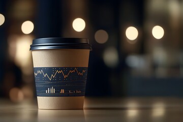Coffee Cup on Table with Abstract Data Visualization and Dark Background