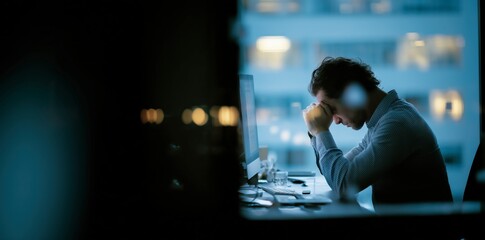 Overwhelmed Man with Head in Hands at Computer in Dark Office - Representing Work Burnout, Mental Strain, Professional Stress, Despair, Isolation, and Career Demands. Copy space. Panoramic Background.
