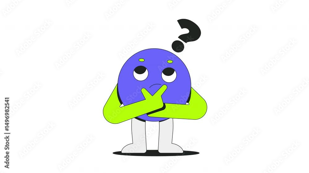 Poster groovy round character thinking with question mark 2d onboarding ui animation. curious brainstorm. d