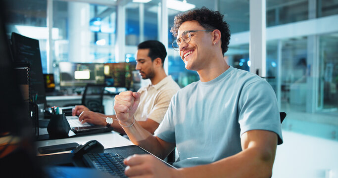 Fist pump, happy and business man on computer for online bonus, stock market and investment success. Corporate, coworking office and person celebrate for financial achievement, profit and promotion