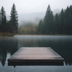 Serene lake scene with floating wooden dock amidst foggy evergreens reflecting in calm waters peaceful