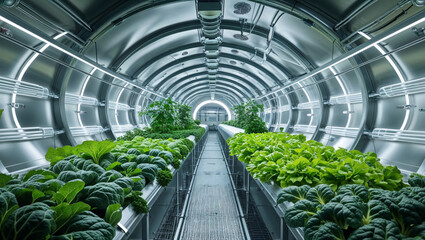 A sleek, futuristic greenhouse cultivates crops using advanced agricultural technology inside a tunnel.