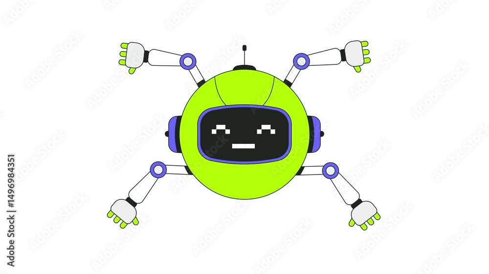 Poster robotics helper with pixelated smile 2d onboarding ui animation. round robot with multiple arms. mas