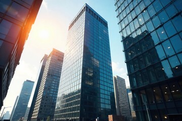 Modern office blocks with sleek glass facades and architectural details, reflecting sunlight, situated in a vibrant cityscape Perfect for corporate and real estate imagery , development, metropolis