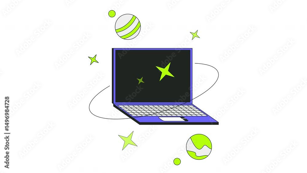 Poster laptop with orbiting planets sparkles 2d onboarding ui animation. cosmic internet. cyber space noteb