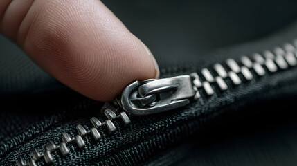 Hand pulling a zipper, isolated on transparent background, close-up,