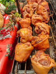 Large assortment of grilled sausages and kebabs at  Cracow christmas market