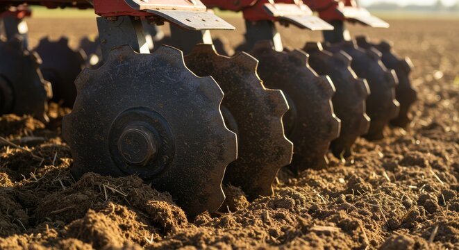 Close-up view of disc harrow on a field preparing the soil for planting