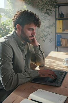 Focused young man working on a laptop in a well-lit home office surrounded by plants and books