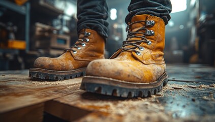 Work boots on wooden workshop floor