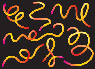 Abstract colorful background with gradient lines. 3d vector waves, ribbons and swirls on black background. Set of rainbow ribbons and wavy graphic elements. cover layout with copy space.	