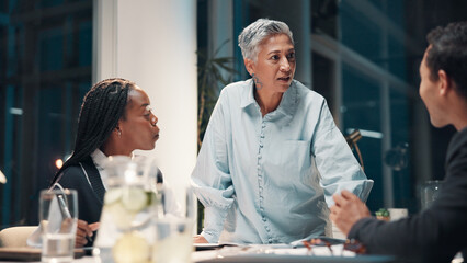 Collaboration, meeting and pitch with business people in office boardroom at night for planning. Discussion, project management and report with employee team in workplace for late evening proposal