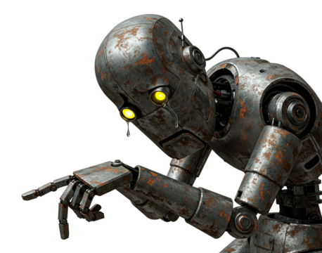 Robot with glowing eyes points at an unseen object, depicting a moment of curiosity on a transparent background