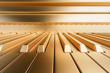 Close up of a piano with gold keys. The piano is a large instrument with a gold finish. Concept of luxury and elegance, as the gold keys. 3d render