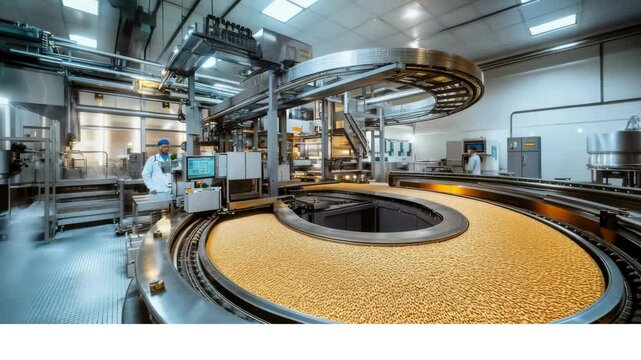 The interior of an industrial flour mill, high-tech machines showing the process of processing wheat into flour. 