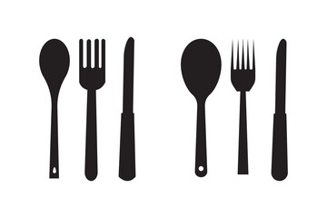 Fork and spoon icon set. Eatery symbol. Kitchen utensil vector illustration. Tableware serving sign. Crossed fork and spoon pictogram. Menu button.