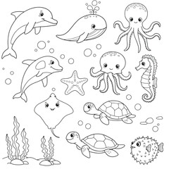 Coloring page with illustration cute happy sea animals for design element on white background. Dolphin, whale, octopus, jellyfish, stingray, starfish, seahorse, turtle, algae, water bulbs, puffer fish