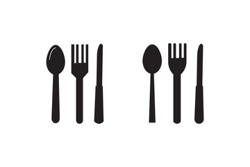 Cutlery silhouettes. Fork spoon knife black icons, silverware silhouettes on white background. Vector cutlery set for serving illustration, Fork, knife, spoon and plate set icons. Tableware set flat