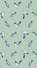seagulls and fish seamless pattern
