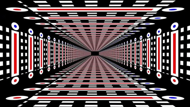 Pink and black optical paths with grid patterns create the illusion of being inside a digital time machine. 3D animation