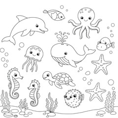 Coloring page with illustration cute happy sea animals for design element on white background. Dolphin, whale, octopus, jellyfish, stingray, starfish, seahorse, turtle, algae, water bulbs, puffer fish