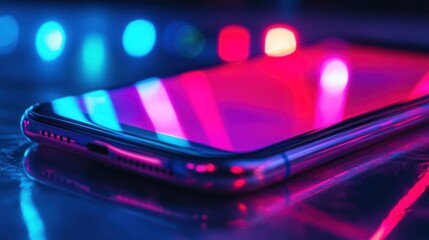 Smartphone bathed in vibrant neon reflections embodying modern technology