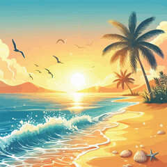 Bright and cheerful summer vacation vector design featuring tropical elements like palm trees, beach umbrellas, surfboards, sun hats, and waves. Ideal for travel posters, holiday promotions, and summe