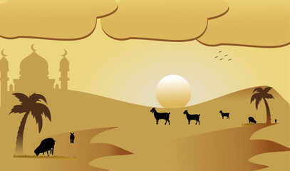 Naklejka premium Eid al-Adha celebration. Greeting card with sacrificial lamb image. Eid al-Adha theme. Vector illustration.