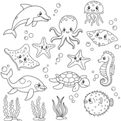 Coloring page with illustration cute happy sea animals for design element on white background. Dolphin, whale, octopus, jellyfish, stingray, starfish, seahorse, turtle, algae, water bulbs, puffer fish