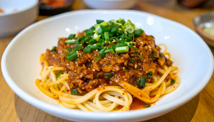 Closeup of Spicy Noodles with Ground Meat and Chives in White Bowl