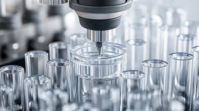 Precision Instrument Conducting Analysis in Clear Glass Laboratory Vials - Powered by Adobe