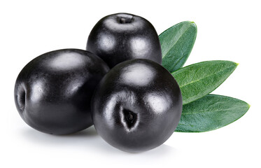 Olive isolated on white background. Olive black clipping path. Three black olives with leaves