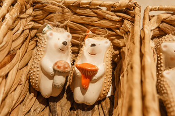 Sale of handmade ceramic Christmas tree toys at the Christmas Fair. Black Friday for the winter holidays.