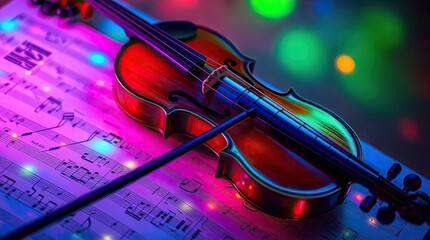 Fototapeta premium Vivid violin rests on sheet music illuminated by colorful bokeh lights