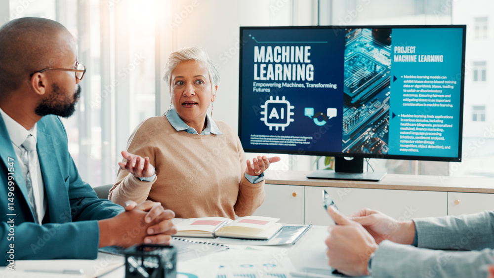 Poster Machine learning, business people and development for ai, teamwork and cyber security with software update. Group, employees or tech expert in office, cooperation and talk with data scientist or app
