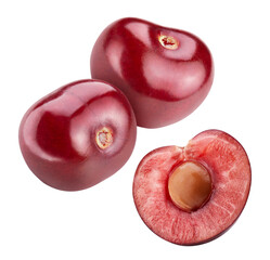 Fresh cherry in air on white background. Cherry clipping path