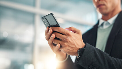 Business man, hands and typing with phone in office for stock market research, trading app and check email. Professional, trader and smartphone for online investment, reading economy news and update