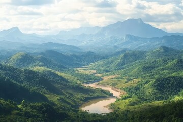 Naklejka premium Landscape view of mountains and winding river valley