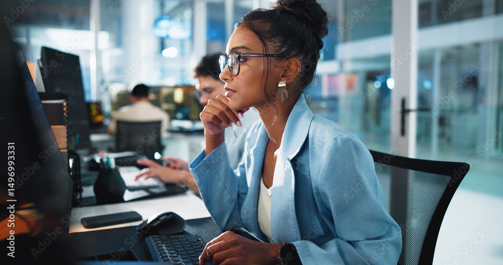 Poster Thinking, programmer and woman with computer, office and serious for project on website, reading and online. Contemplating, coder and person with tech for algorithm, confident and innovative solution