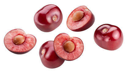 Fresh cherry in air on white background. Cherry clipping path