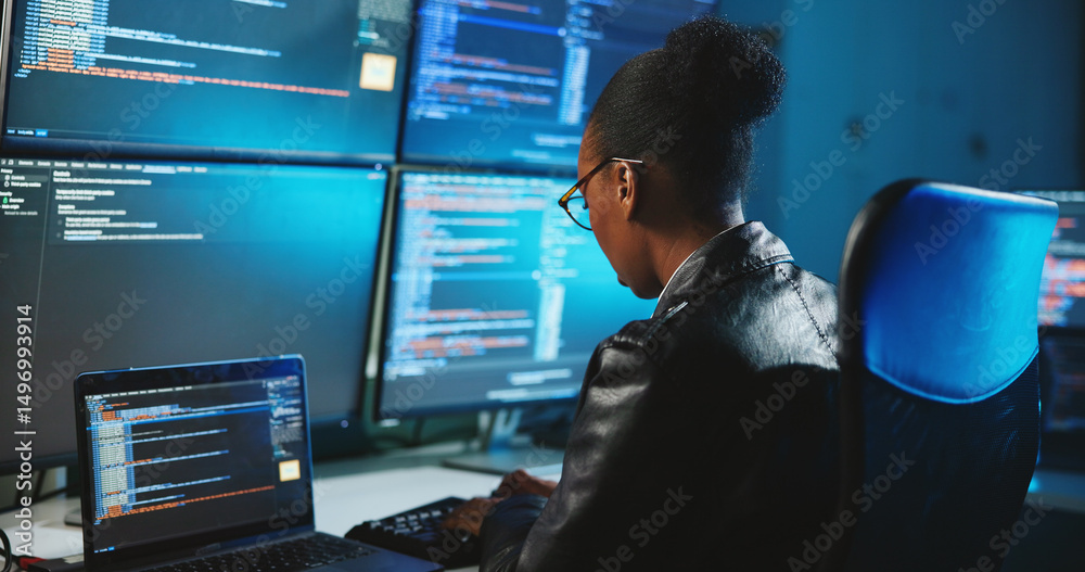 Poster hacker, online and woman with computer, night and data for cyber espionage, system and phishing in o