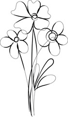 Simple Line Drawing of Three Flowers and Leaves