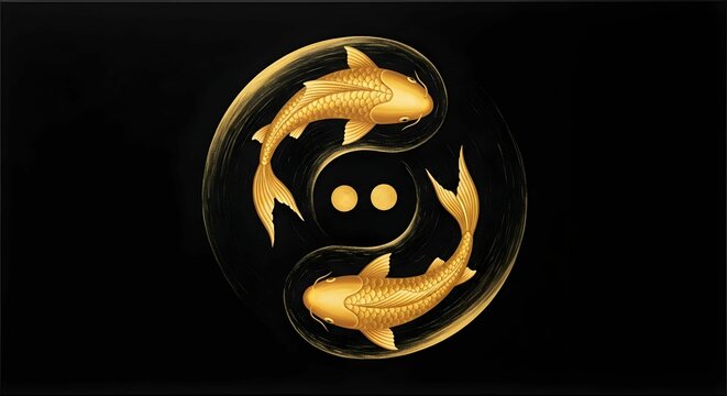 Two golden koi fish swimming in a yin-yang inspired circle, painted on a deep black canvas. A symbolic and serene abstract composition of harmony and balance.