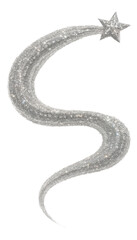 Glittering silver shooting star with a sparkling trail forming an elegant curve on transparent background.