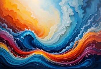 Abstract painting of a vibrant, layered wave with a spectrum of colors